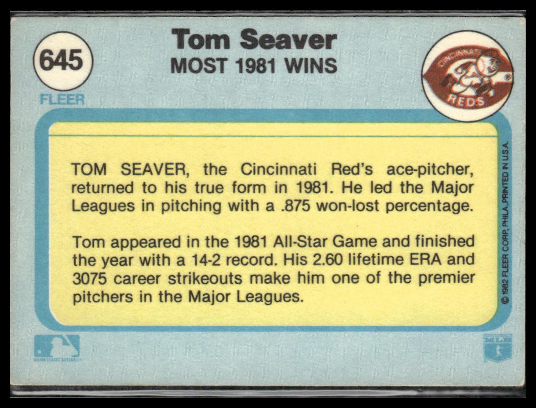 Tom Seaver #645 1982 Fleer Cincinnati Reds
