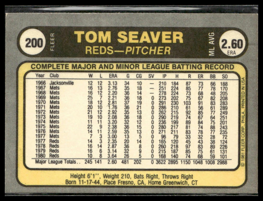 Tom Seaver #200 1981 Fleer Cincinnati Reds
