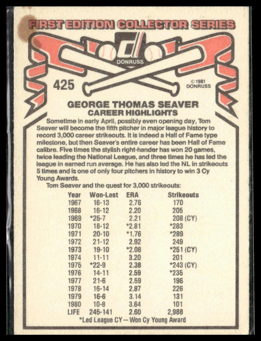 Tom Seaver #425 1981 Donruss Cincinnati Reds