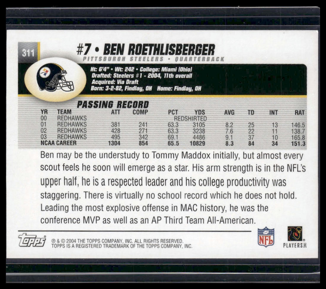 Ben Roethlisberger #311 Rookie 2004 Topps Pittsburgh Steelers