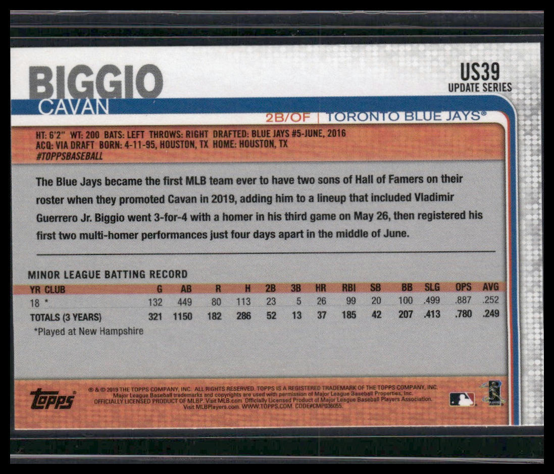 Cavan Biggio #US39 Rookie 2019 Topps Update Toronto Blue Jays Image Variation SP