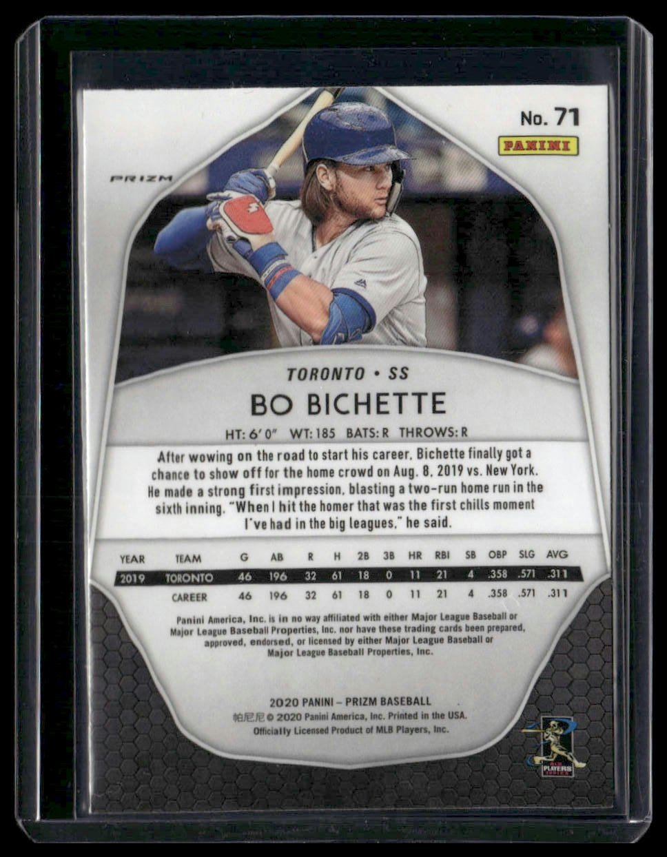 Bo Bichette #71 Rookie 2020 Panini Red, White and Blue Prizm Toronto Blue Jays
