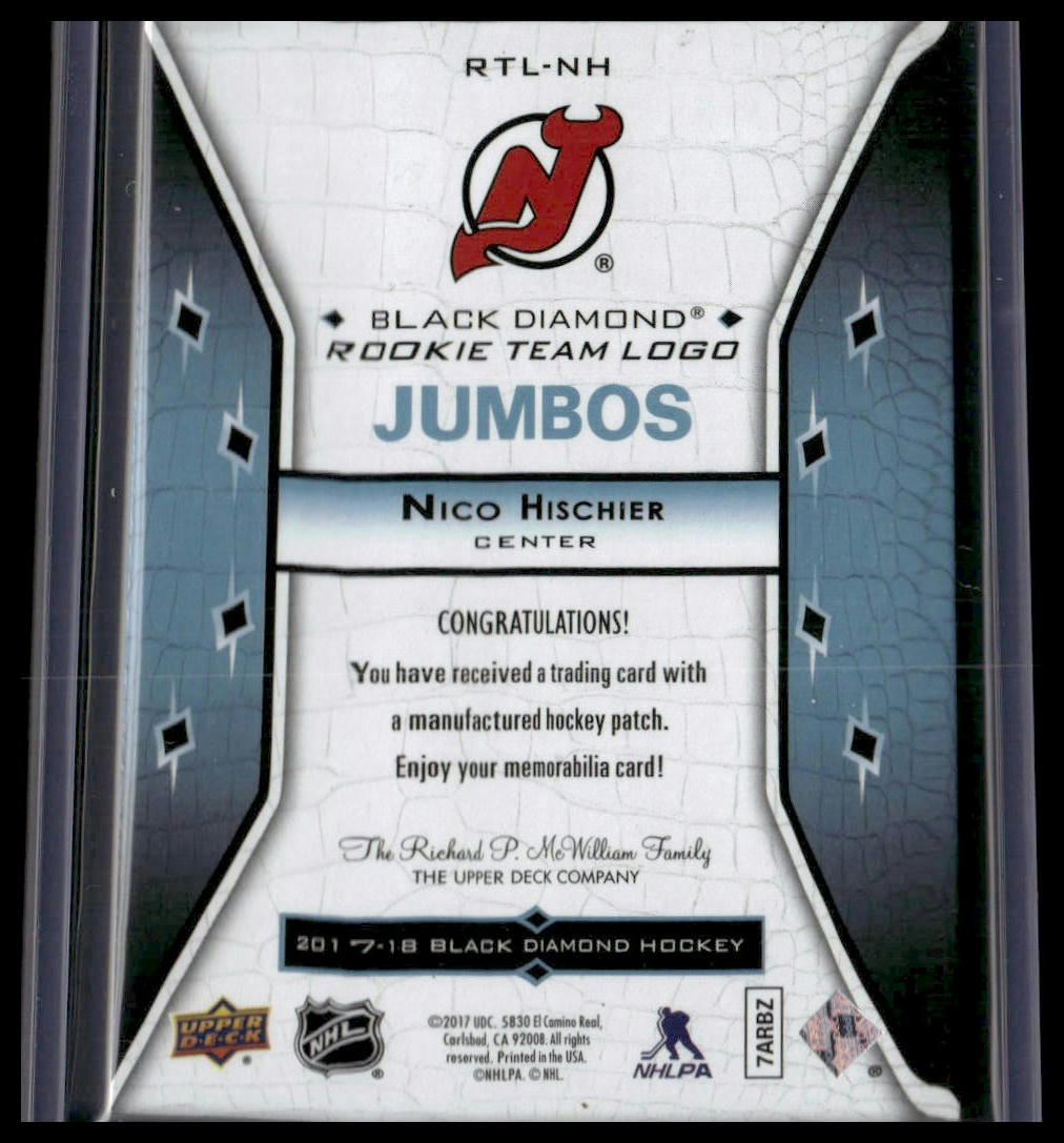 Nico Hischier #RTL-NH Rookie 2017-18 UD Logo Jumbo Patch New Jersey Devils