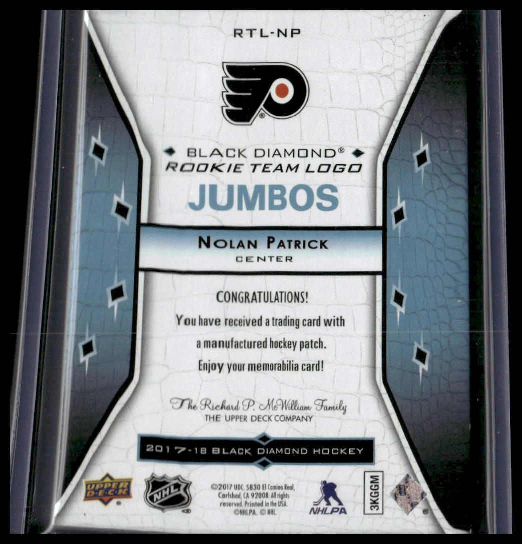 Nolan Patrick #RTL-NP Rookie 2017-18 UD Logo Jumbo Patch Philadelphia Flyers