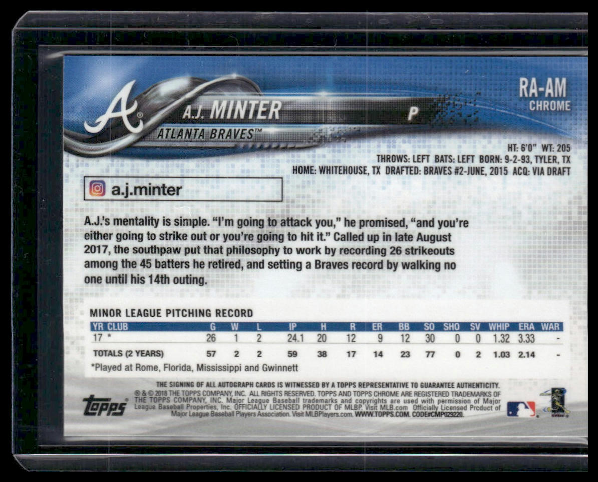 A.J. Minter #RA-AM 2018 Topps Chrome Rookie Autographs Atlanta Braves