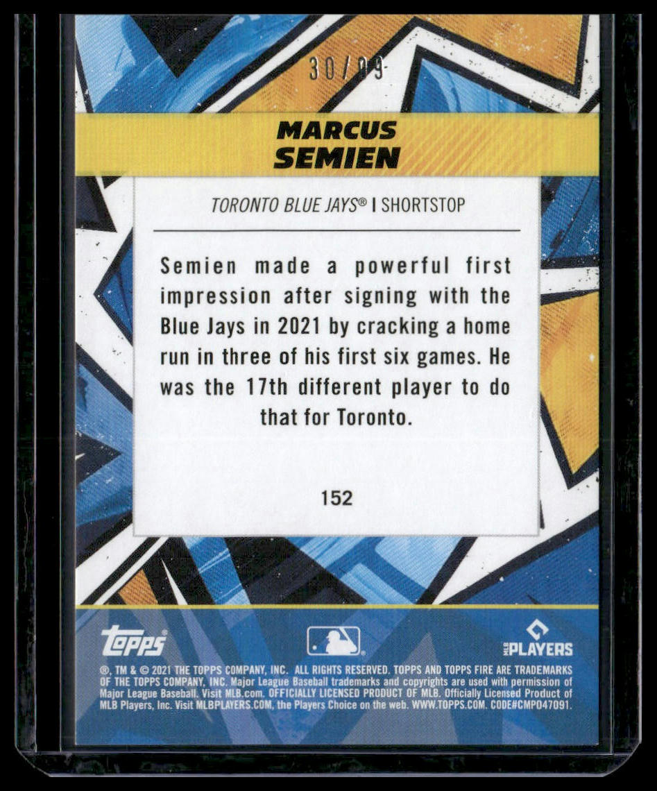 Marcus Semien #152 2021 Topps Fire Purple #/99 Toronto Blue Jays
