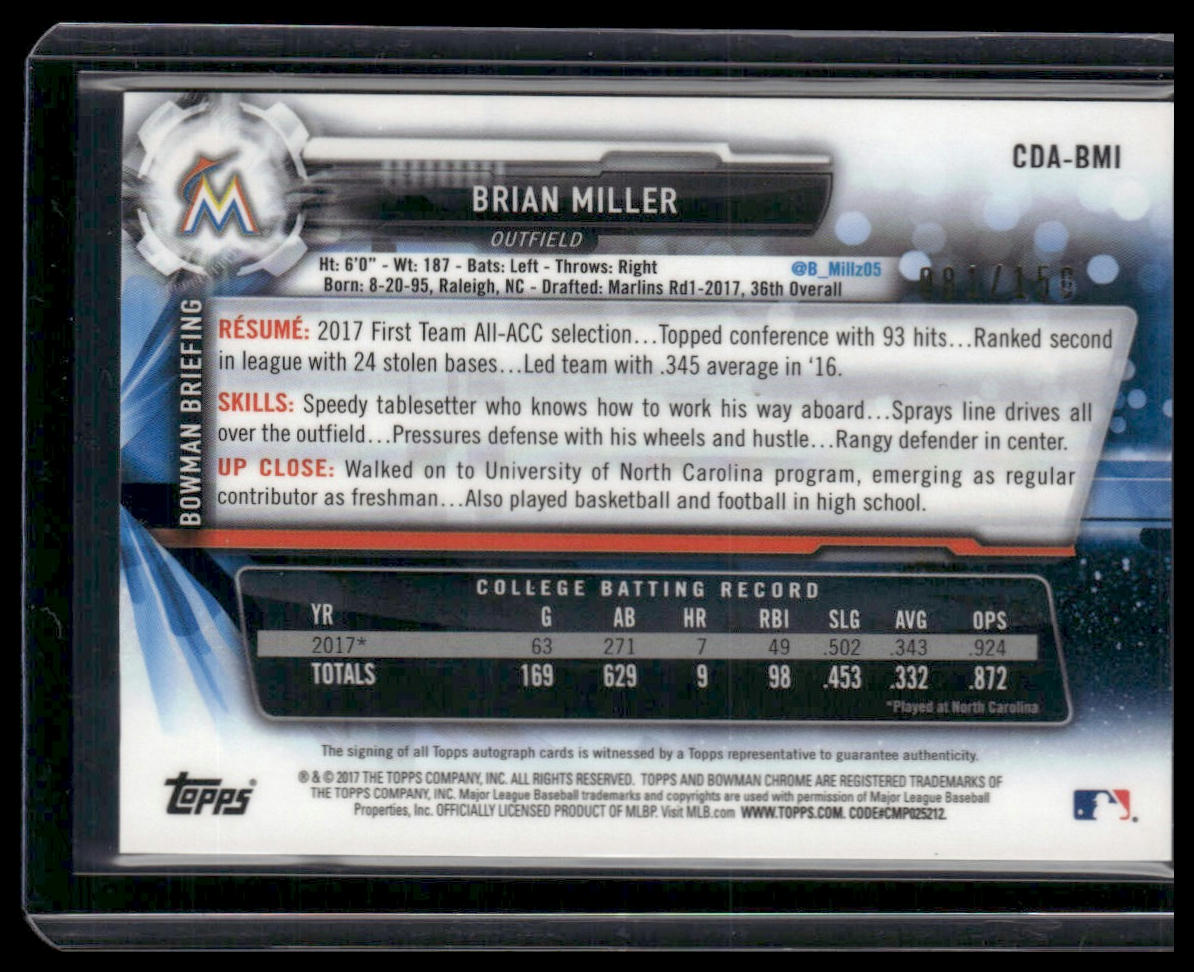Brian Miller #CDA-BMI 2017 Bowman Chrome Draft Auto Blue #/150 Miami Marlins