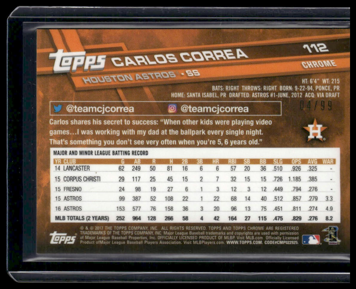 Carlos Correa #112 2017 Topps Chrome Green Refractor #/99 Houston Astros