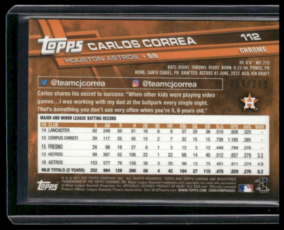 Carlos Correa #112 2017 Topps Chrome Purple Refractor #/299 Houston Astros