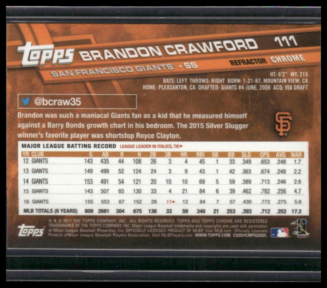 Brandon Crawford #111 2017 Topps Chrome Pink Refractor San Francisco Giants