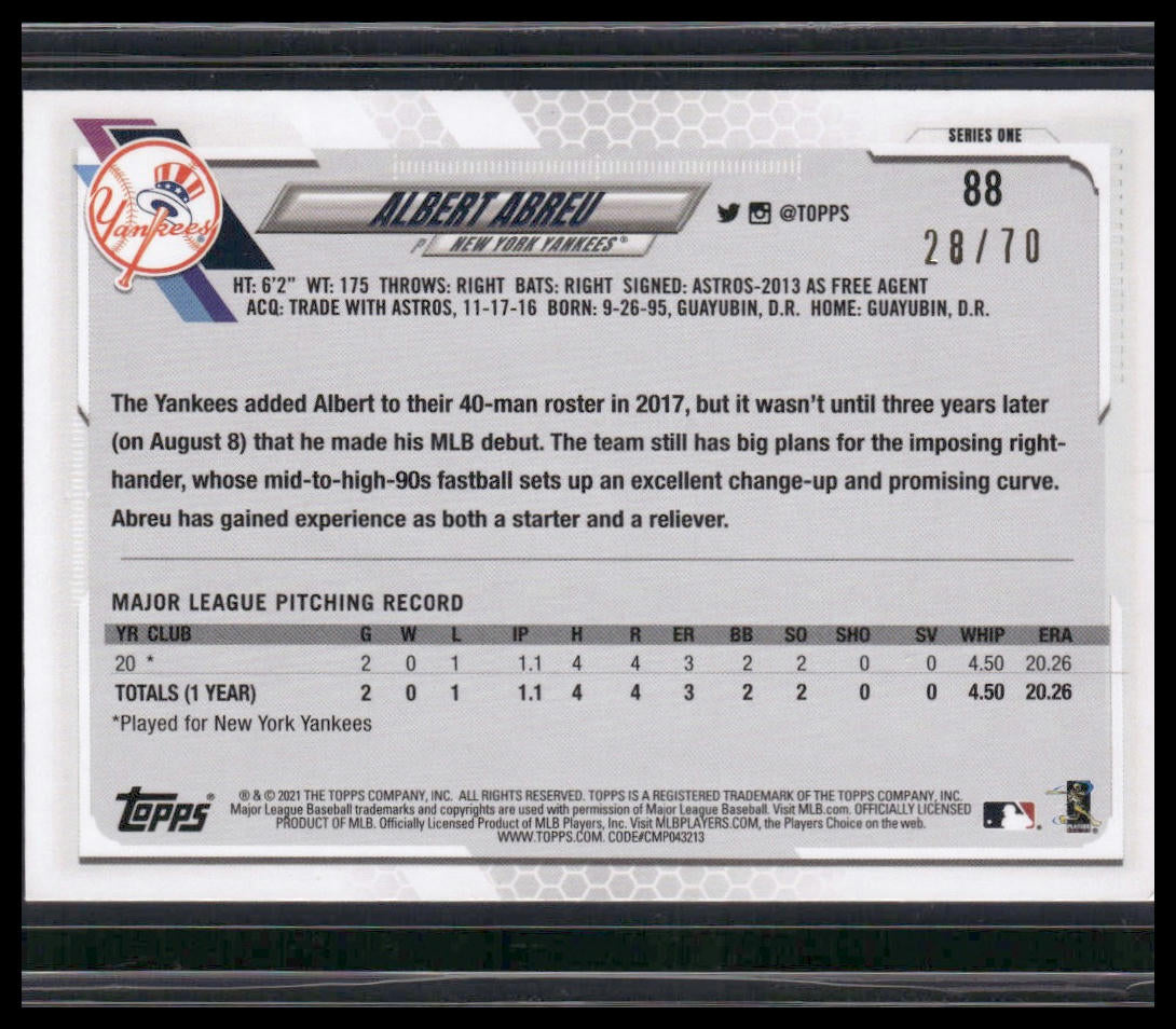 Albert Abreu #88 Rookie 2021 Topps 70th Anniversary #/70 New York Yankees