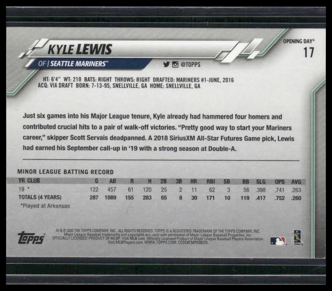 Kyle Lewis #17 Rookie 2020 Topps Opening Day Seattle Mariners