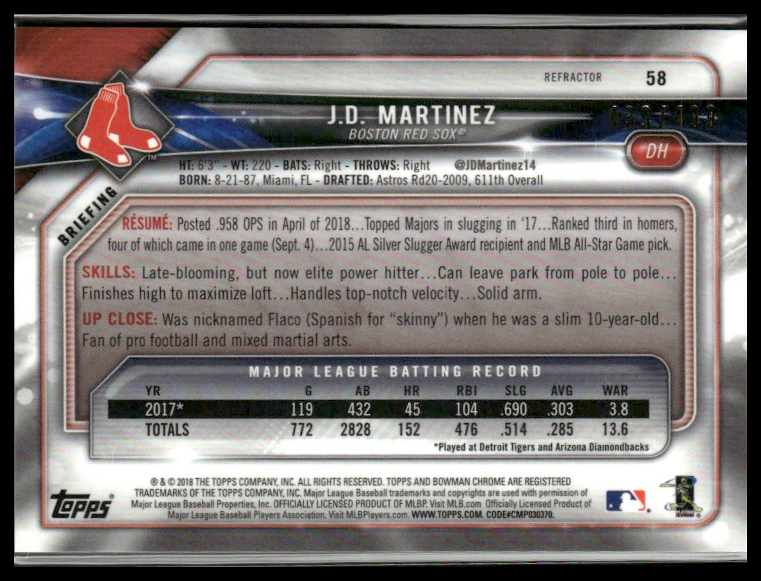 J.D. Martinez #58 2018 Bowman Chrome Refractor #/499 Boston Red Sox