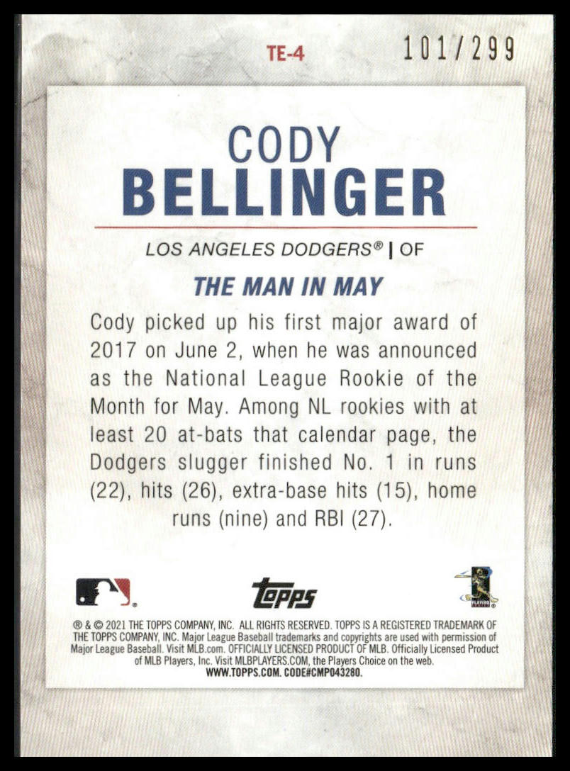 Cody Bellinger #TE-4 2021 Topps Highlights Black #/299 Los Angeles Dodgers