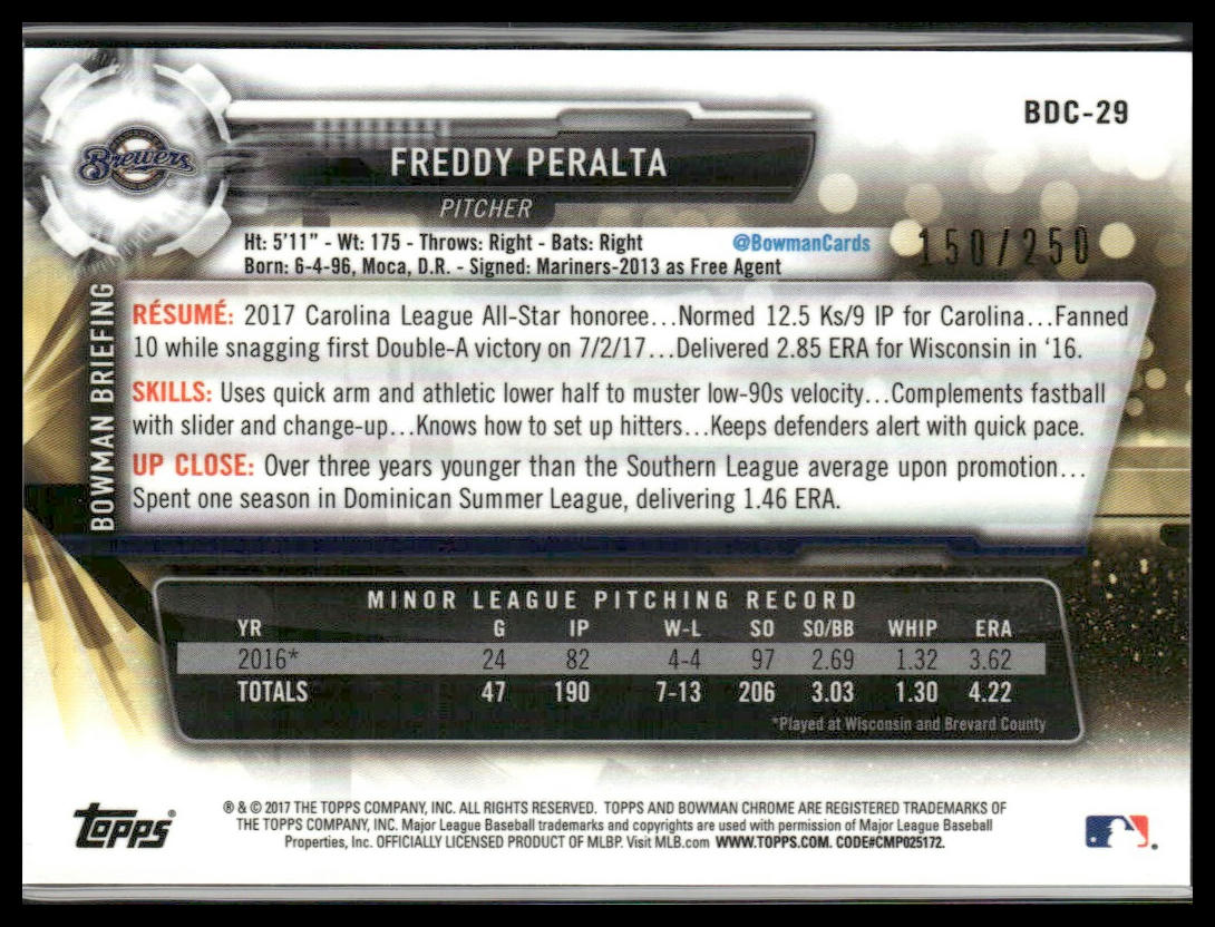 Freddy Peralta #BDC-29 2017 Bowman Draft Chrome Purple #/250 Milwaukee Brewers