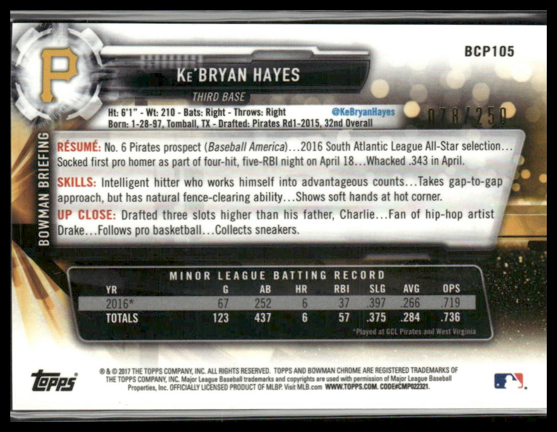 Ke'Bryan Hayes #BCP105 2017 Bowman Chrome Prosp Purple #250 Pittsburgh Pirates