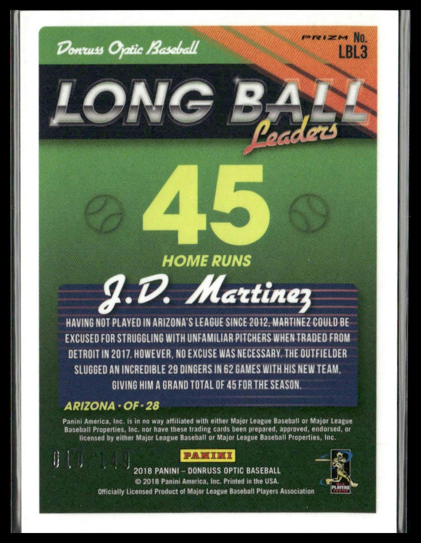 J.D. Martinez #LBL3 2018 Donruss Optic Long Ball Blue #/149 Arizona Diamondbacks