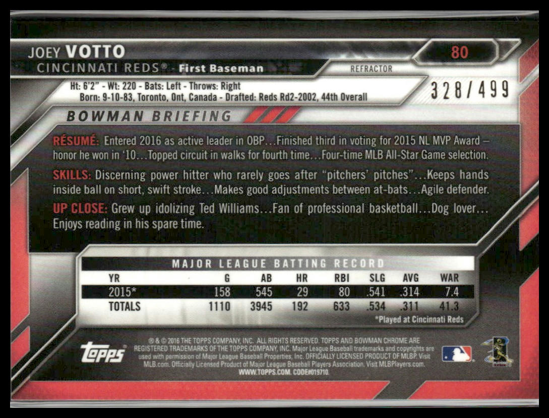 Joey Votto #80 2016 Bowman Chrome Refractor #/499 Cincinnati Reds