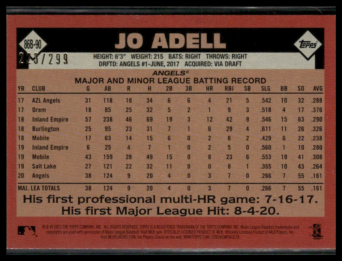 Jo Adell #86B-90 Rookie 2021 Topps 35th Anniv Black #/299 Los Angeles Angels