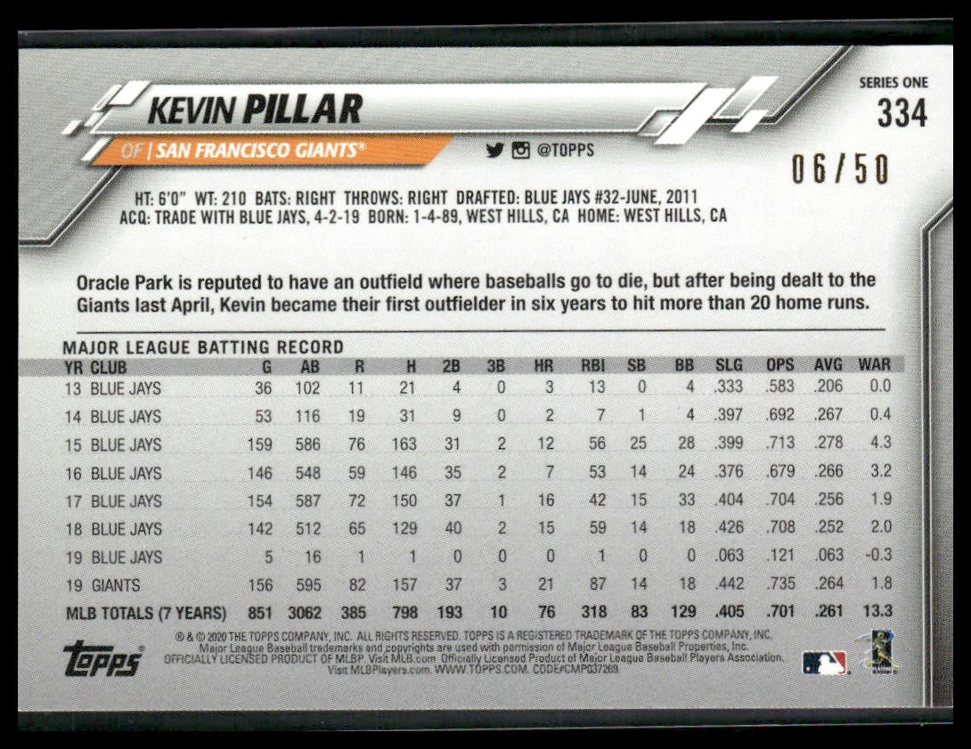 Kevin Pillar #334 2020 Topps Father's Day Blue #/50 San Francisco Giants