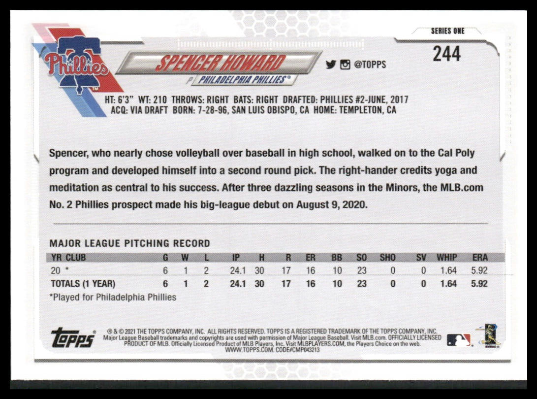 Spencer Howard #244 2021 Topps Royal Blue Philadelphia Phillies