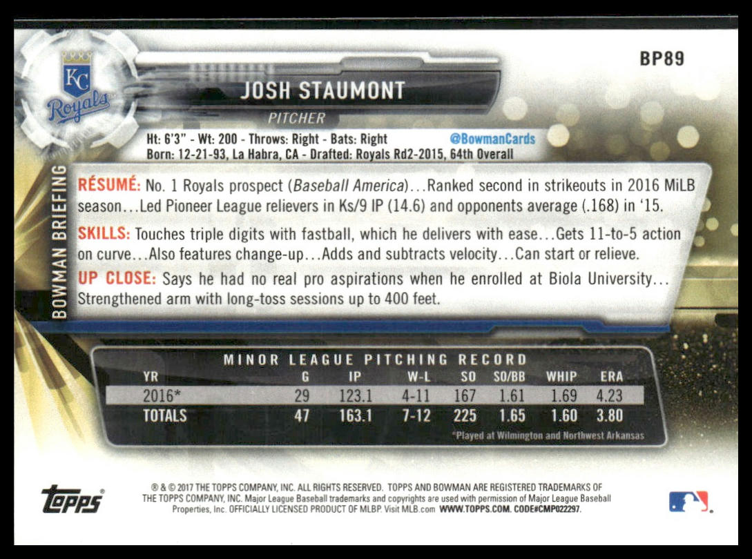 Josh Staumont #BP89 2017 Bowman Prospects Yellow Kansas City Royals