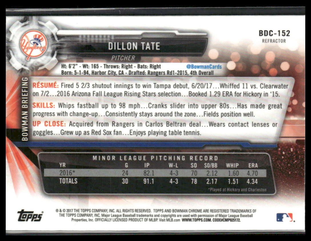 Dillon Tate #BDC-152 2017 Bowman Draft Chrome Refractor New York Yankees