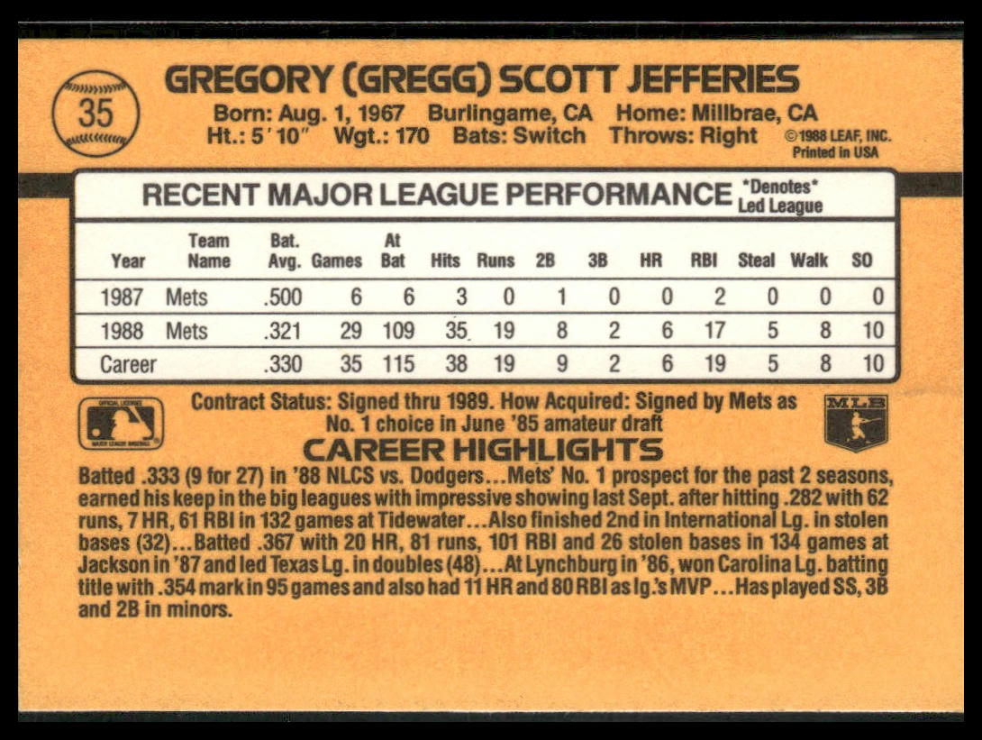 Gregg Jefferies #35 1989 Donruss New York Mets