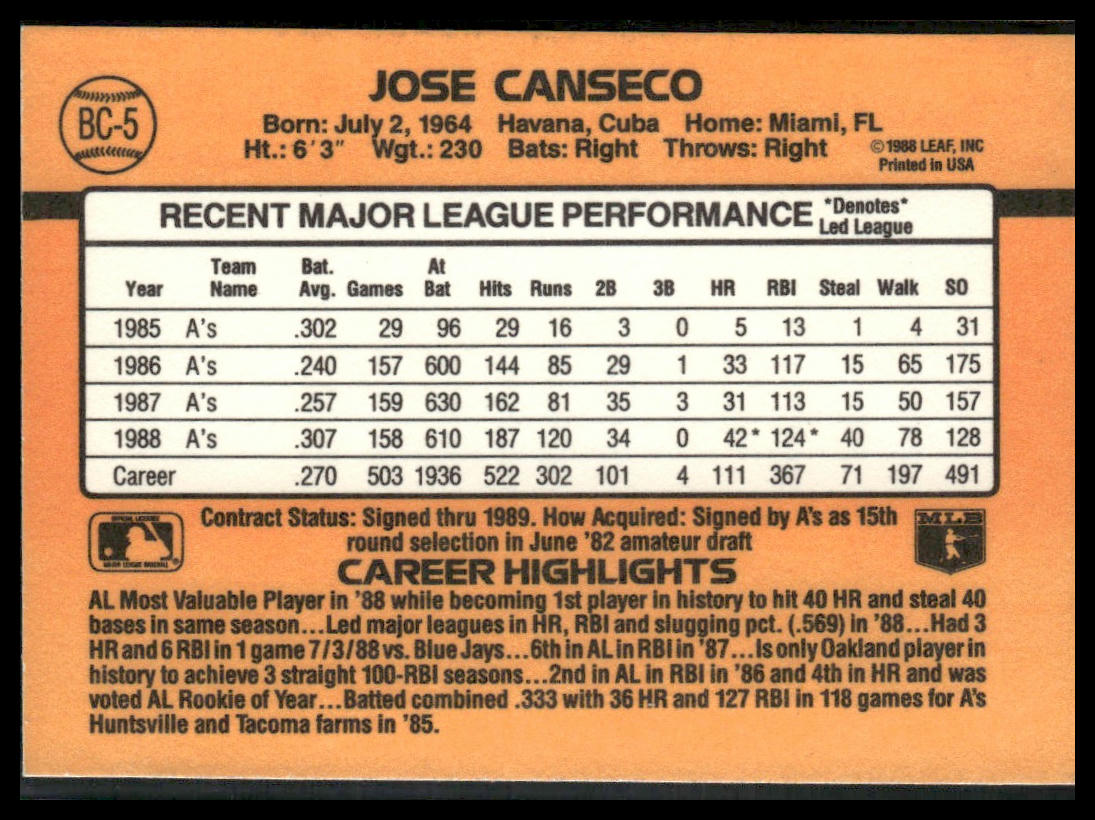 Jose Canseco #BC-5 1989 Donruss Bonus MVP's Oakland Athletics