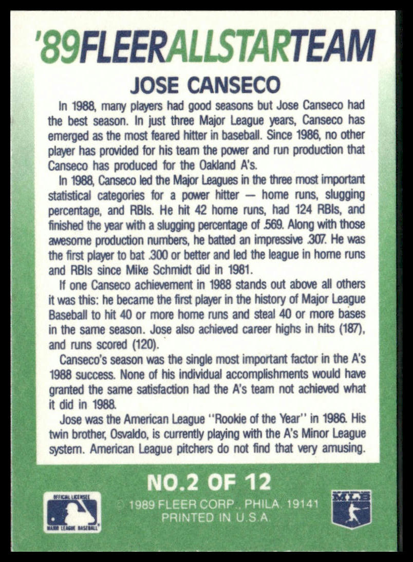Jose Canseco #2 1989 Fleer '89 Fleer All-Star Team Oakland Athletics