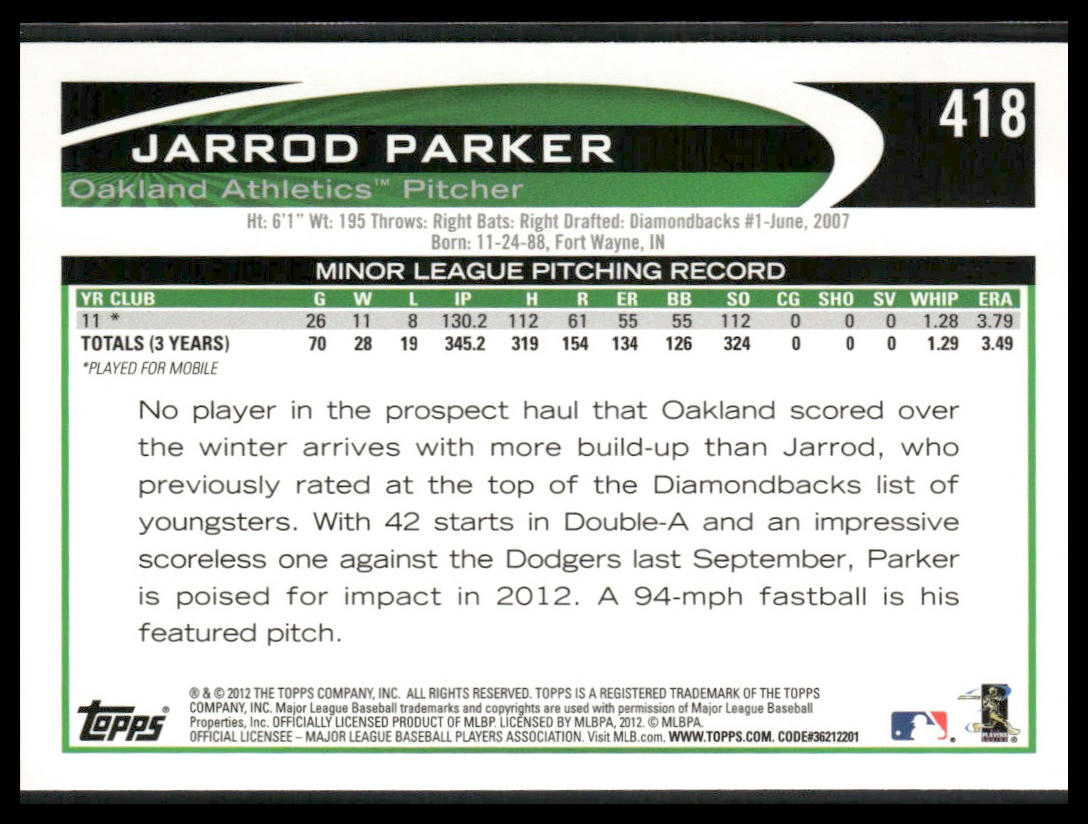 Jarrod Parker #418 Rookie 2012 Topps Oakland Athletics