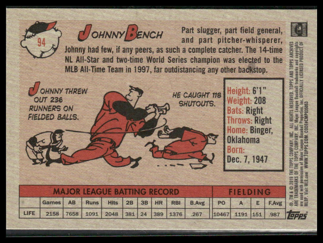 Johnny Bench #94 2019 Topps Archives Cincinnati Reds