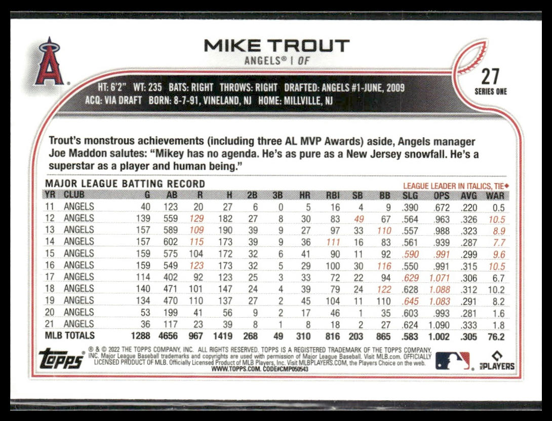 Mike Trout #27 2022 Topps Los Angeles Angels