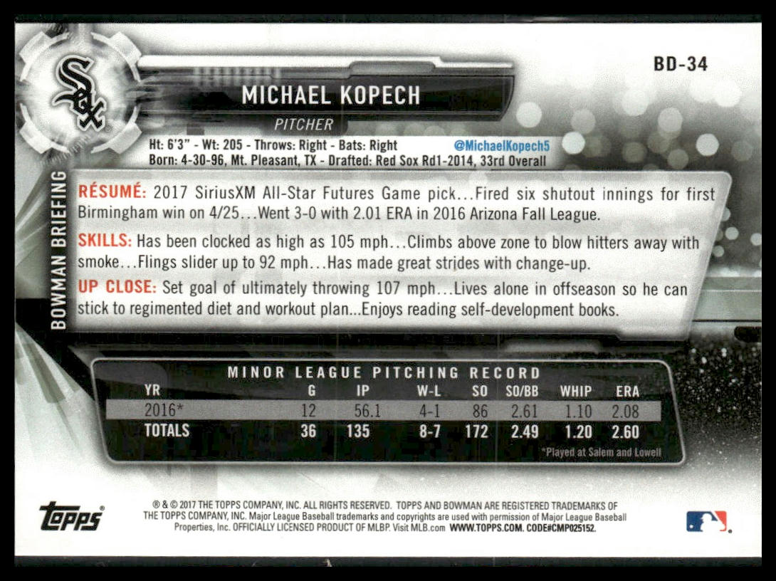 Michael Kopech #BD-34 2017 Bowman Draft Chicago White Sox