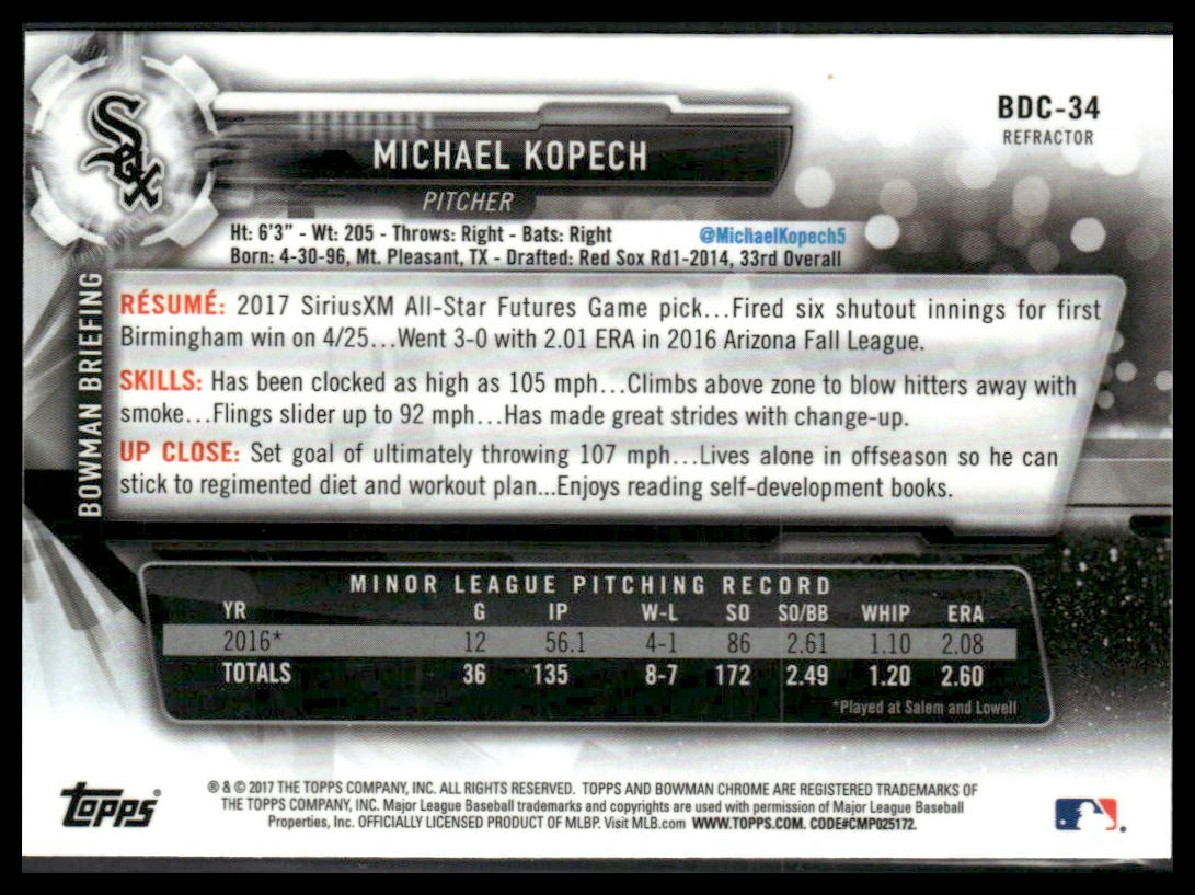 Michael Kopech #BDC-34 2017 Bowman Draft Chrome Refractor Chicago White Sox