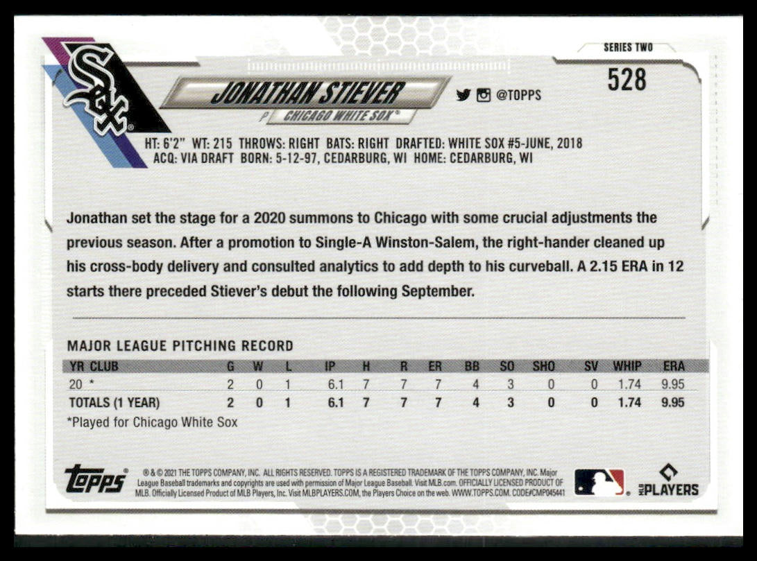 Jonathan Stiever #528 Rookie 2021 Topps Chicago White Sox Image Variation SP
