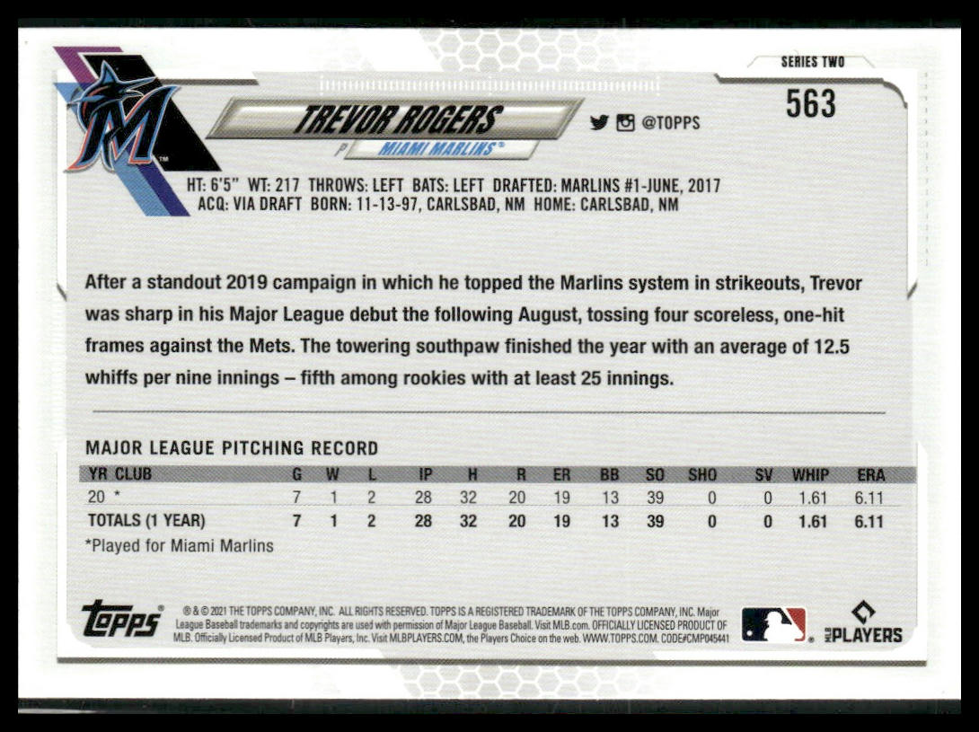 Trevor Rogers #563 Rookie 2021 Topps Miami Marlins Image Variation SP