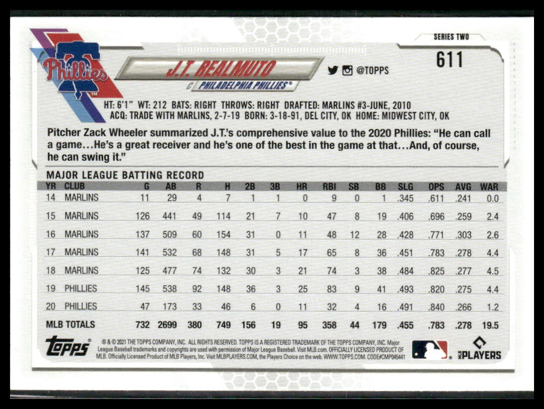 J.T. Realmuto #611 2021 Topps Philadelphia Phillies Image Variation SP
