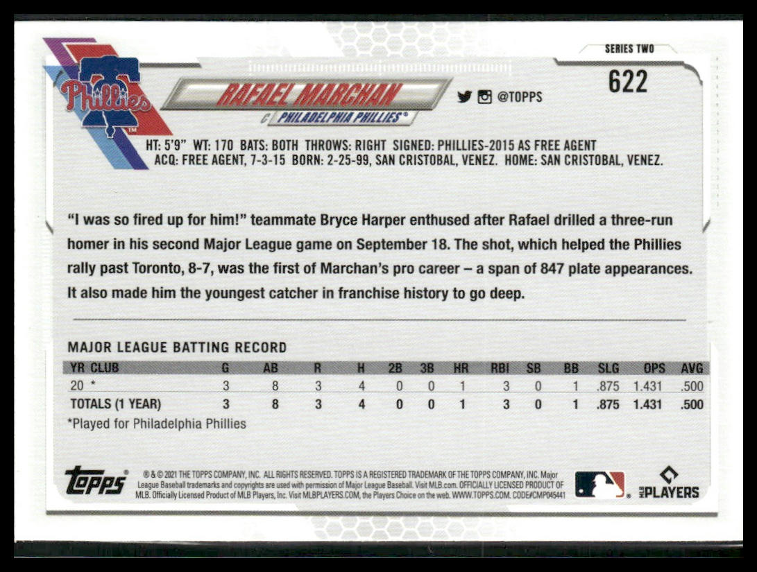 Rafael Marchan #622 Rookie 2021 Topps Philadelphia Phillies Image Variation