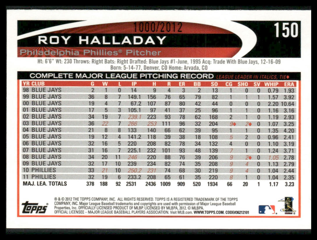 Roy Halladay #150 2012 Topps Gold #/2012 Philadelphia Phillies