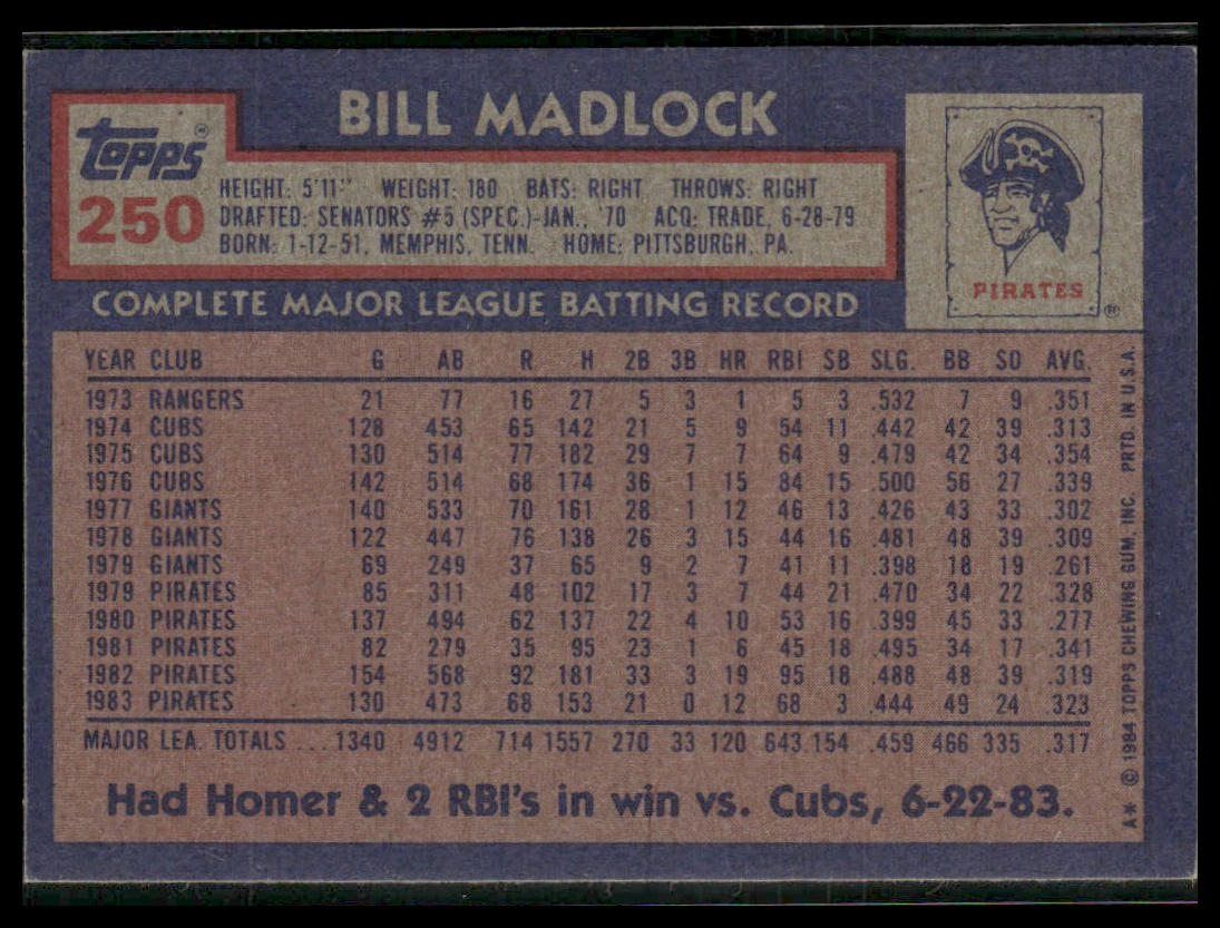 Bill Madlock #250 1984 Topps Pittsburgh Pirates