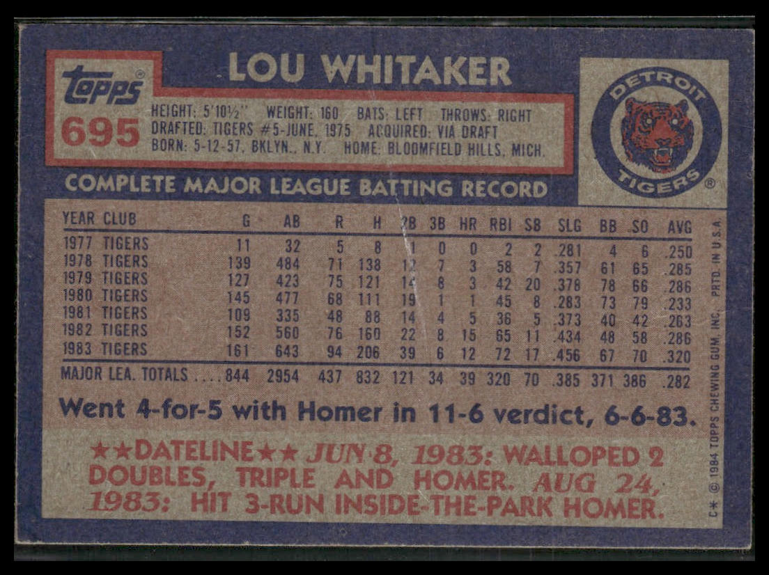 Lou Whitaker #695 1984 Topps Detroit Tigers