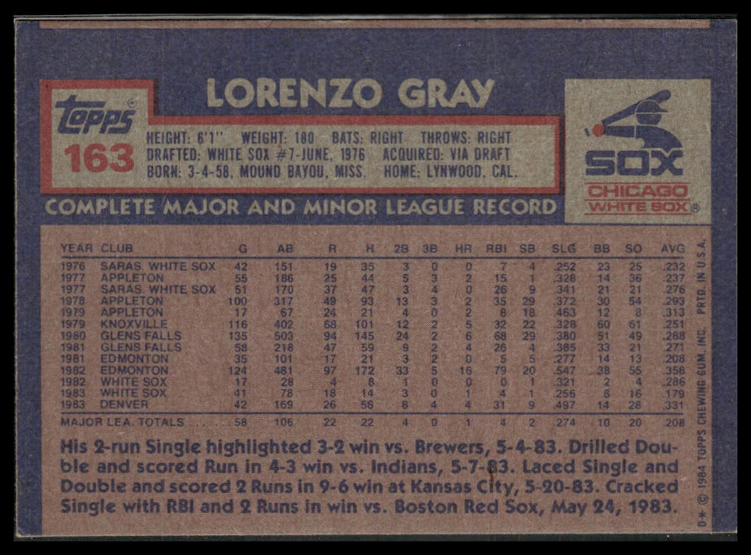 Lorenzo Gray #163 Rookie 1984 Topps Chicago White Sox MISCUT
