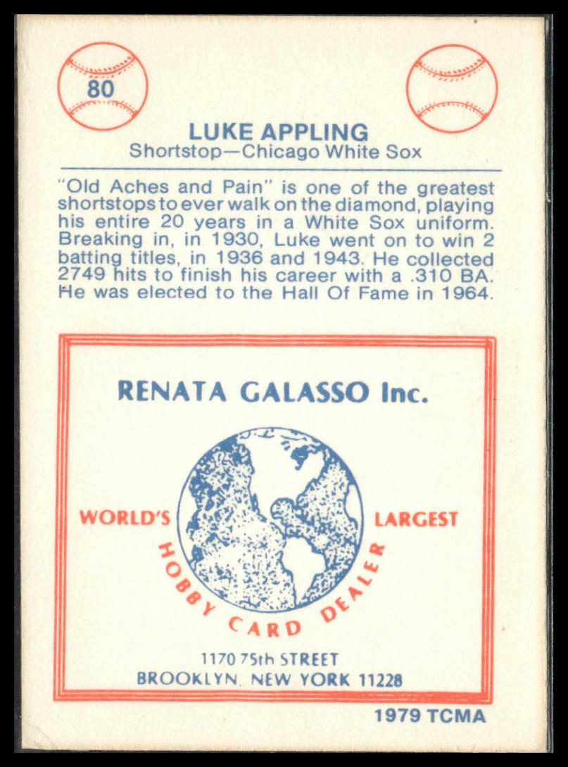 Luke Appling #80 1977-84 Galasso Glossy Greats Chicago White Sox