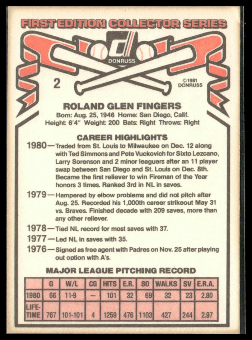 Rollie Fingers #2 1981 Donruss San Diego Padres