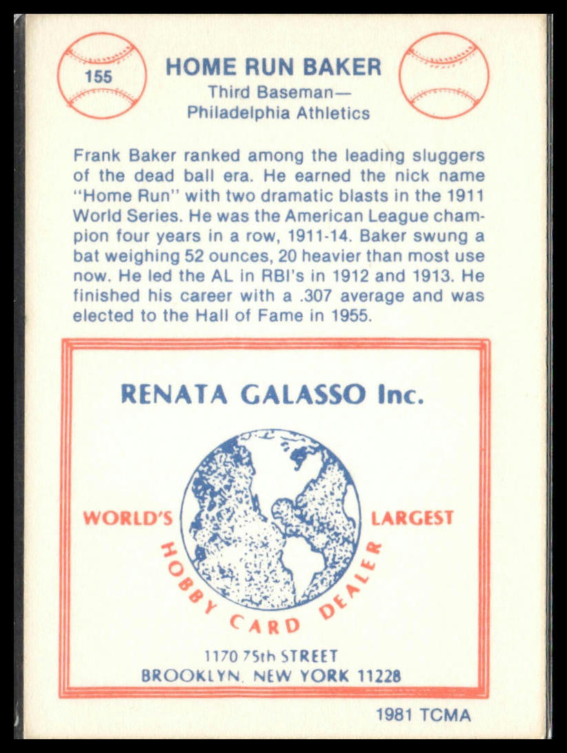 Home Run Baker #155 1977-84 Galasso Glossy Greats Philadelphia Athletics