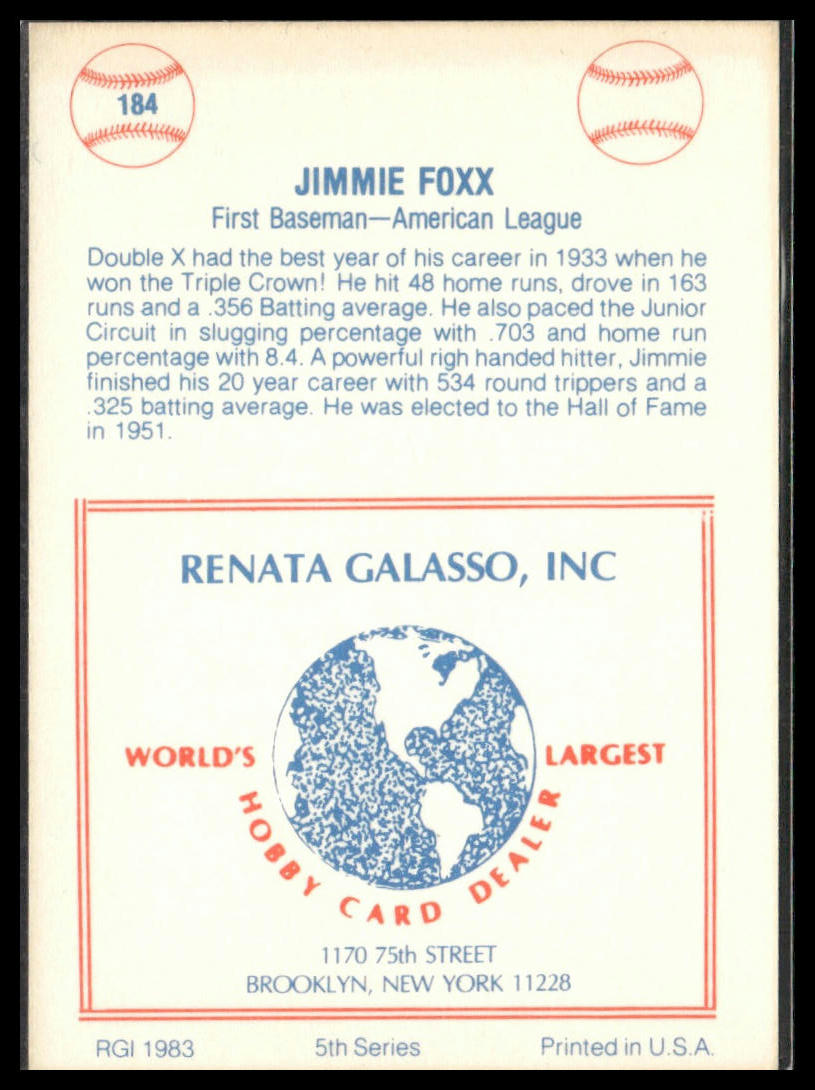 Jimmie Foxx #184 1977-84 Galasso Glossy Greats Philadelphia Athletics