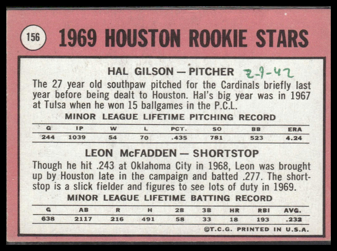 Astros 1969 Rookie Stars (Gilson / McFadden) #156 1969 Topps Houston Astros