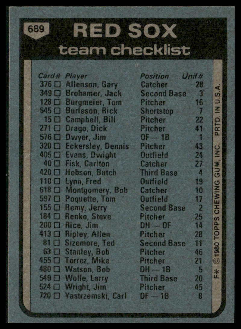 Boston Red Sox / Don Zimmer #689 1980 Topps Boston Red Sox