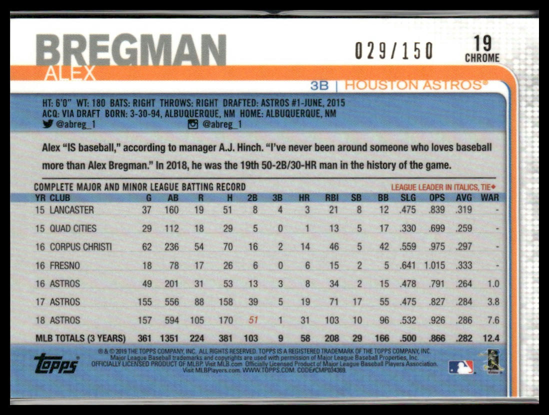 Alex Bregman #19 2019 Topps Chrome Blue Refractor #/150 Houston Astros